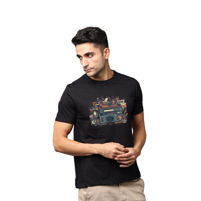 Music Retro Retro Radio Greys and Blues Pima Round Neck T-shirt -  Black